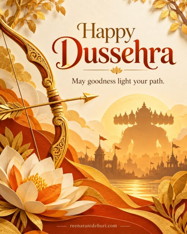 Festive Cards Happy Dussehra Greeting Card – Golden Bow and Lotus with the English wish: May goodness light your path.