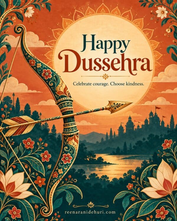Festive Cards Happy Dussehra Greeting Card – Terracotta and Teal Folk Art with the English wish: Celebrate courage. Choose kindness.