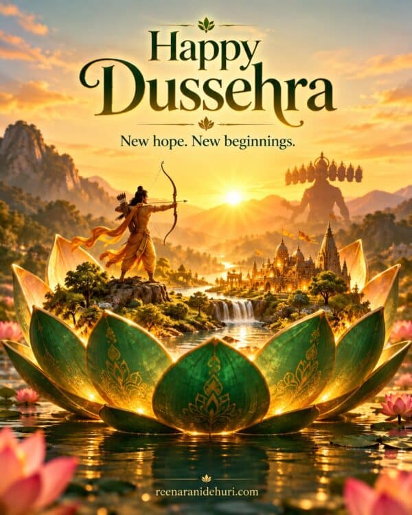 Festive Cards Happy Dussehra Greeting Card – Golden Lotus New Beginnings with the English wish: New hope. New beginnings.