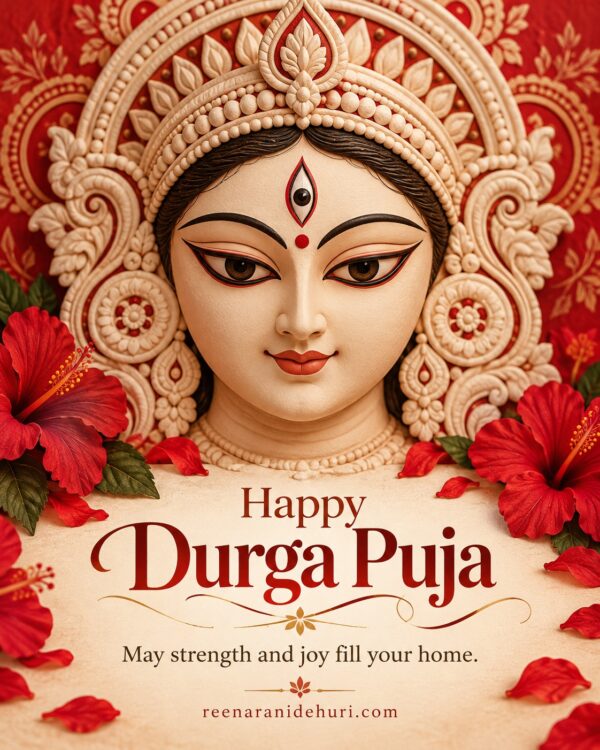 Festive Cards Happy Durga Puja Greeting Card – Serene Goddess Durga with the English wish: May strength and joy fill your home.