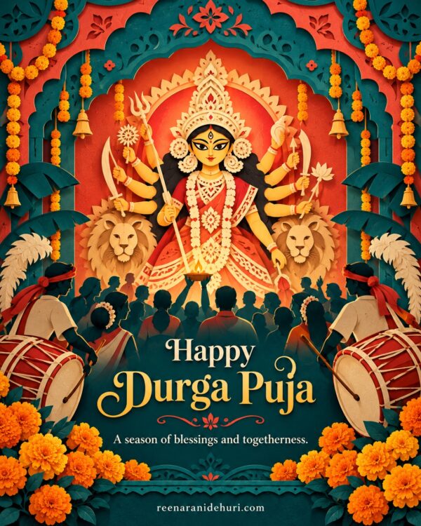 Festive Cards Happy Durga Puja Greeting Card – Paper Art Celebration with the English wish: A season of blessings and togetherness.