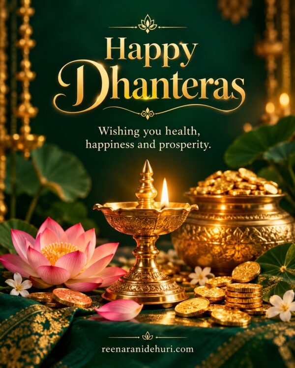 Festive Cards Happy Dhanteras Greeting Card – Golden Lamp and Lotus with the English wish: Wishing you health, happiness and prosperity.