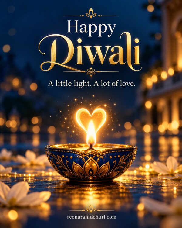 Festive Cards Happy Diwali Greeting Card – Heart Flame Diya with the English wish: A little light. A lot of love.
