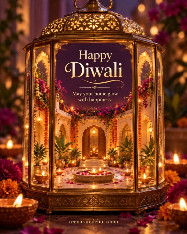 Festive Cards Happy Diwali Greeting Card – Courtyard in a Lantern with the English wish: May your home glow with happiness.