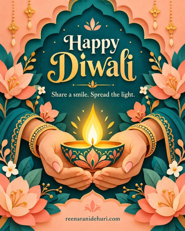 Festive Cards Happy Diwali Greeting Card – Paper Art Diya with the English wish: Share a smile. Spread the light.