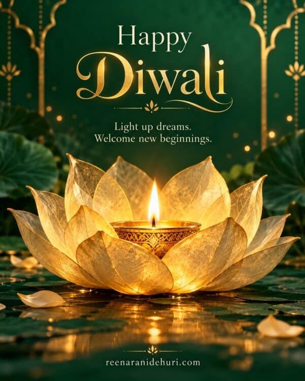 Festive Cards Happy Diwali Greeting Card – Golden Lotus Light with the English wish: Light up dreams. Welcome new beginnings.