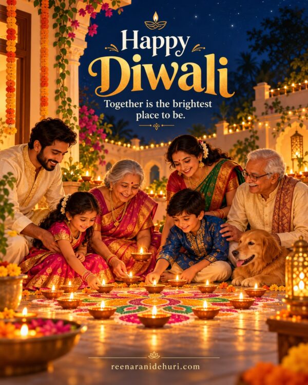 Festive Cards Happy Diwali Greeting Card – Family Celebration with the English wish: Together is the brightest place to be.