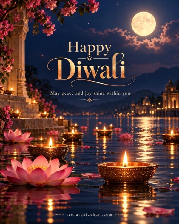 Festive Cards Happy Diwali Greeting Card – Moonlit Floating Diyas with the English wish: May peace and joy shine within you.