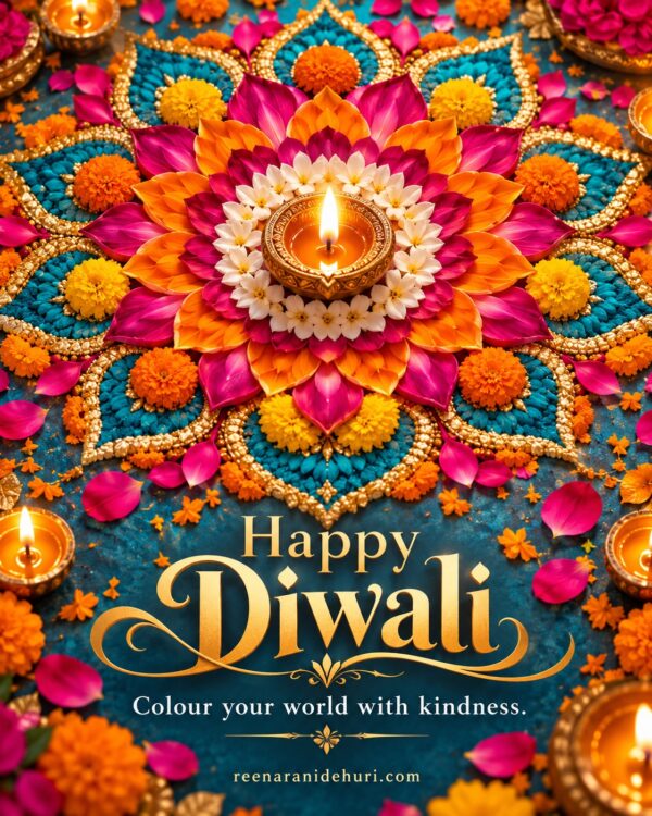 Festive Cards Happy Diwali Greeting Card – Colourful Floral Rangoli with the English wish: Colour your world with kindness.