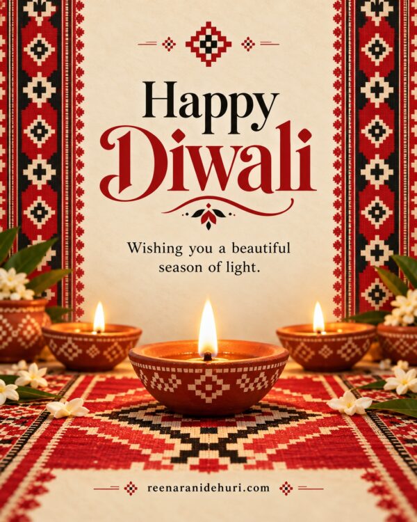Festive Cards Happy Diwali Greeting Card – Sambalpuri Inspired Diyas with the English wish: Wishing you a beautiful season of light.