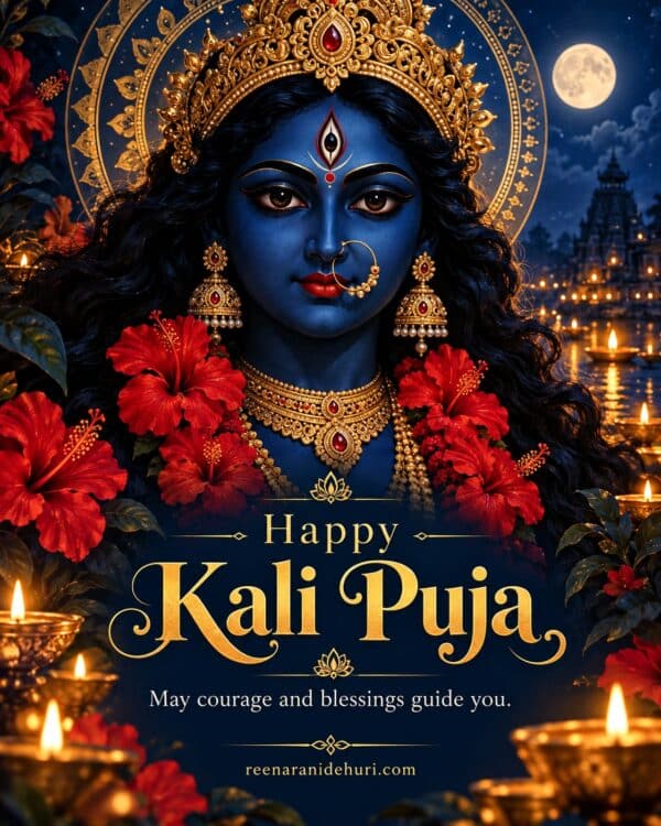 Festive Cards Happy Kali Puja Greeting Card – Serene Goddess Kali with the English wish: May courage and blessings guide you.