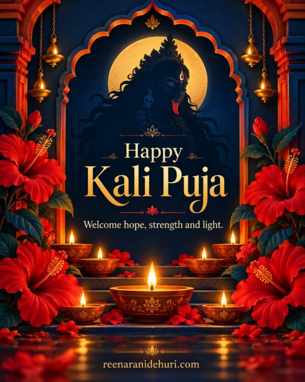 Festive Cards Happy Kali Puja Greeting Card – Hibiscus and Glowing Diyas with the English wish: Welcome hope, strength and light.