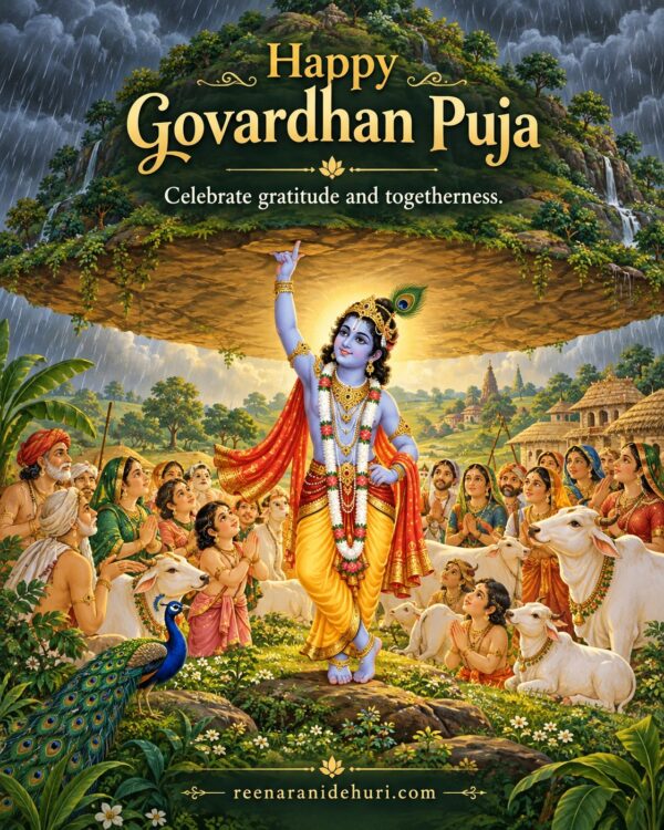 Festive Cards Happy Govardhan Puja Greeting Card – Krishna and Govardhan Hill with the English wish: Celebrate gratitude and togetherness.