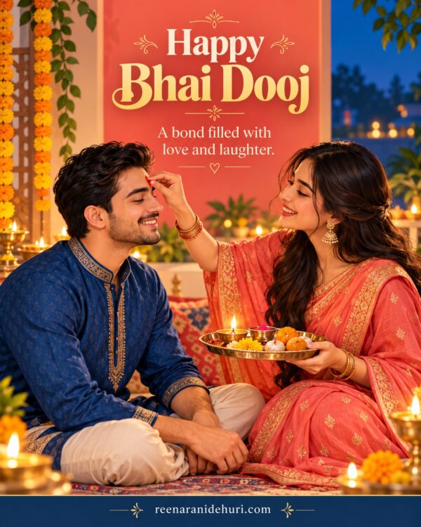Festive Cards Happy Bhai Dooj Greeting Card – Tilak and Togetherness with the English wish: A bond filled with love and laughter.