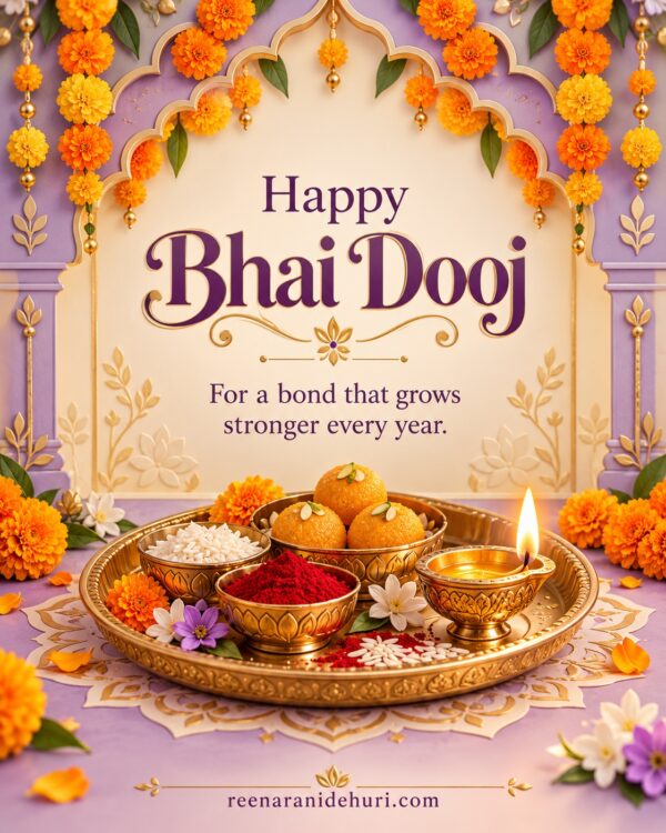 Festive Cards Happy Bhai Dooj Greeting Card – Festive Thali with the English wish: For a bond that grows stronger every year.