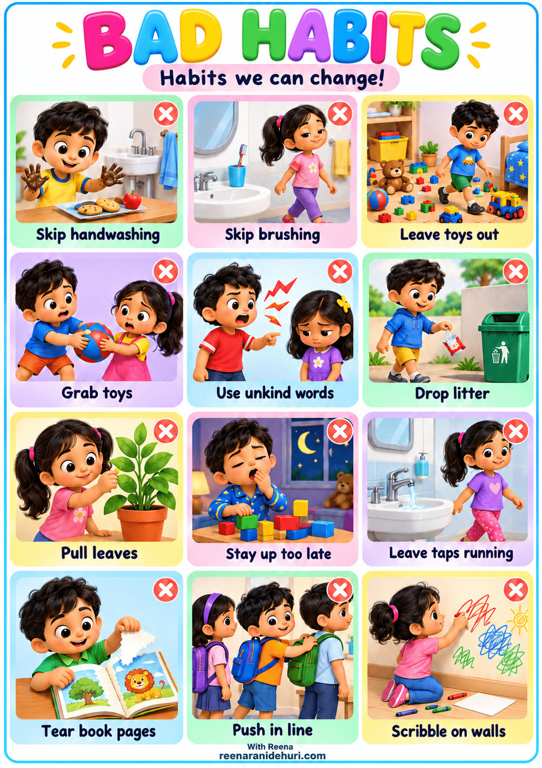 Printables Bad Habits colourful one-page printable chart for children, by Reena Rani Dehuri