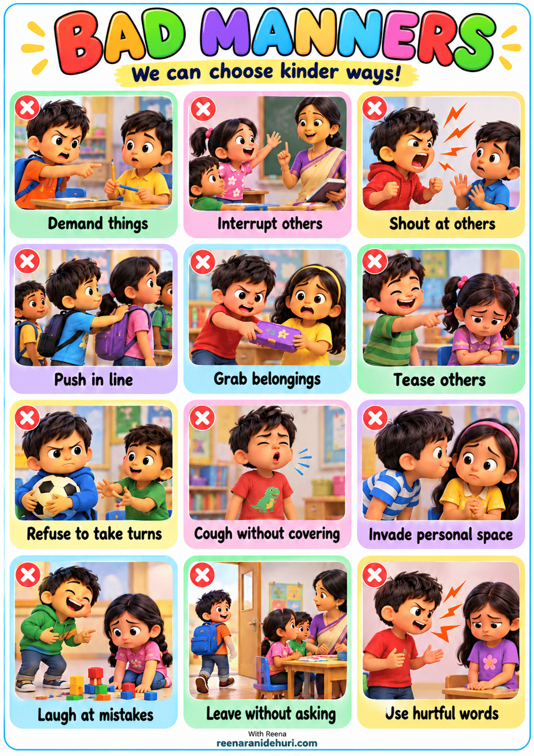 Printables Bad Manners colourful one-page printable chart for children, by Reena Rani Dehuri