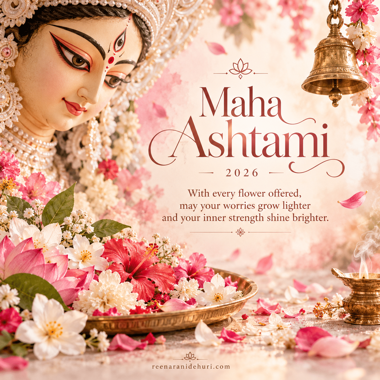 Festive Cards Maha Ashtami 2026 greeting card — With every flower offered, may your worries grow lighter and your inner strength shine brighter.