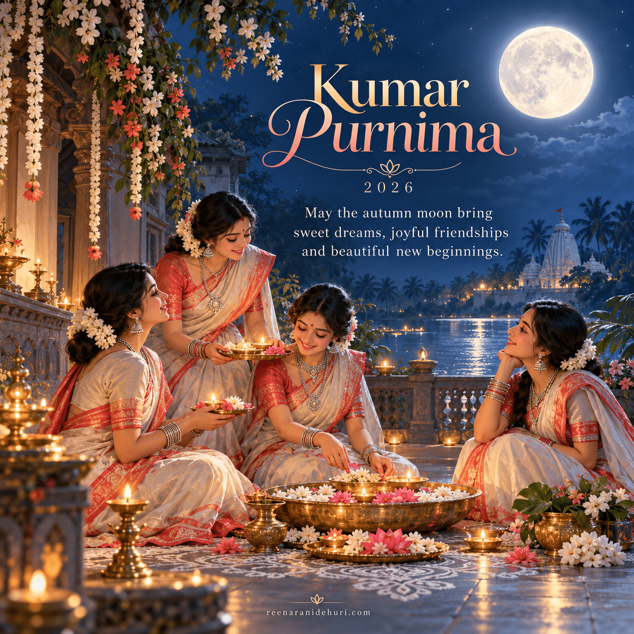 Festive Cards Kumar Purnima 2026 greeting card — May the autumn moon bring sweet dreams, joyful friendships and beautiful new beginnings.