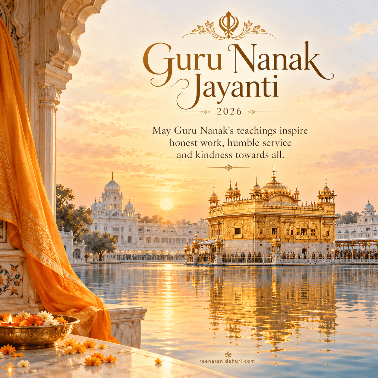 Festive Cards Guru Nanak Jayanti 2026 greeting card — May Guru Nanak's teachings inspire honest work, humble service and kindness towards all.