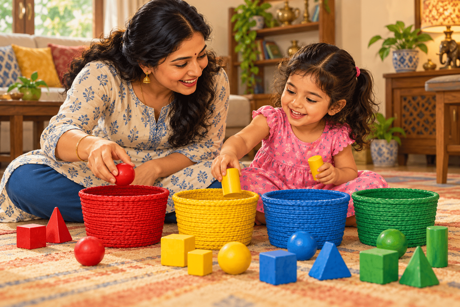 Why Colours Are Important for Kids’ Learning: 10 Amazing Benefits and Fun Activities at Home Mother and daughter sorting large red yellow blue and green toys into matching baskets