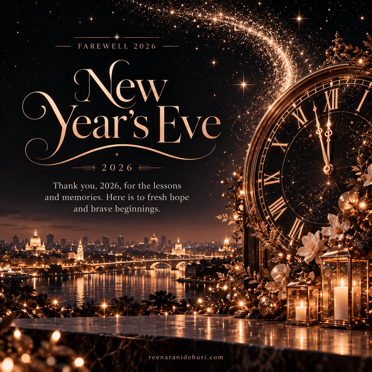 Festive Cards New Year's Eve 2026 greeting card — Thank you, 2026, for the lessons and memories. Here is to fresh hope and brave beginnings.