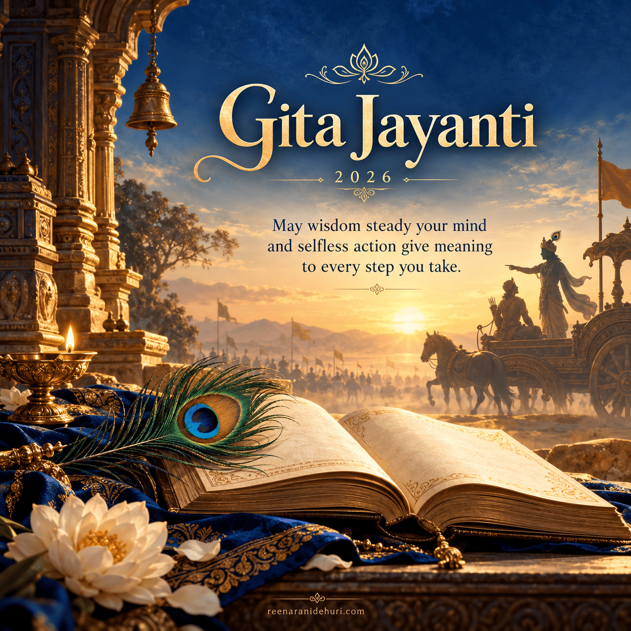 Festive Cards Gita Jayanti 2026 greeting card — May wisdom steady your mind and selfless action give meaning to every step you take.