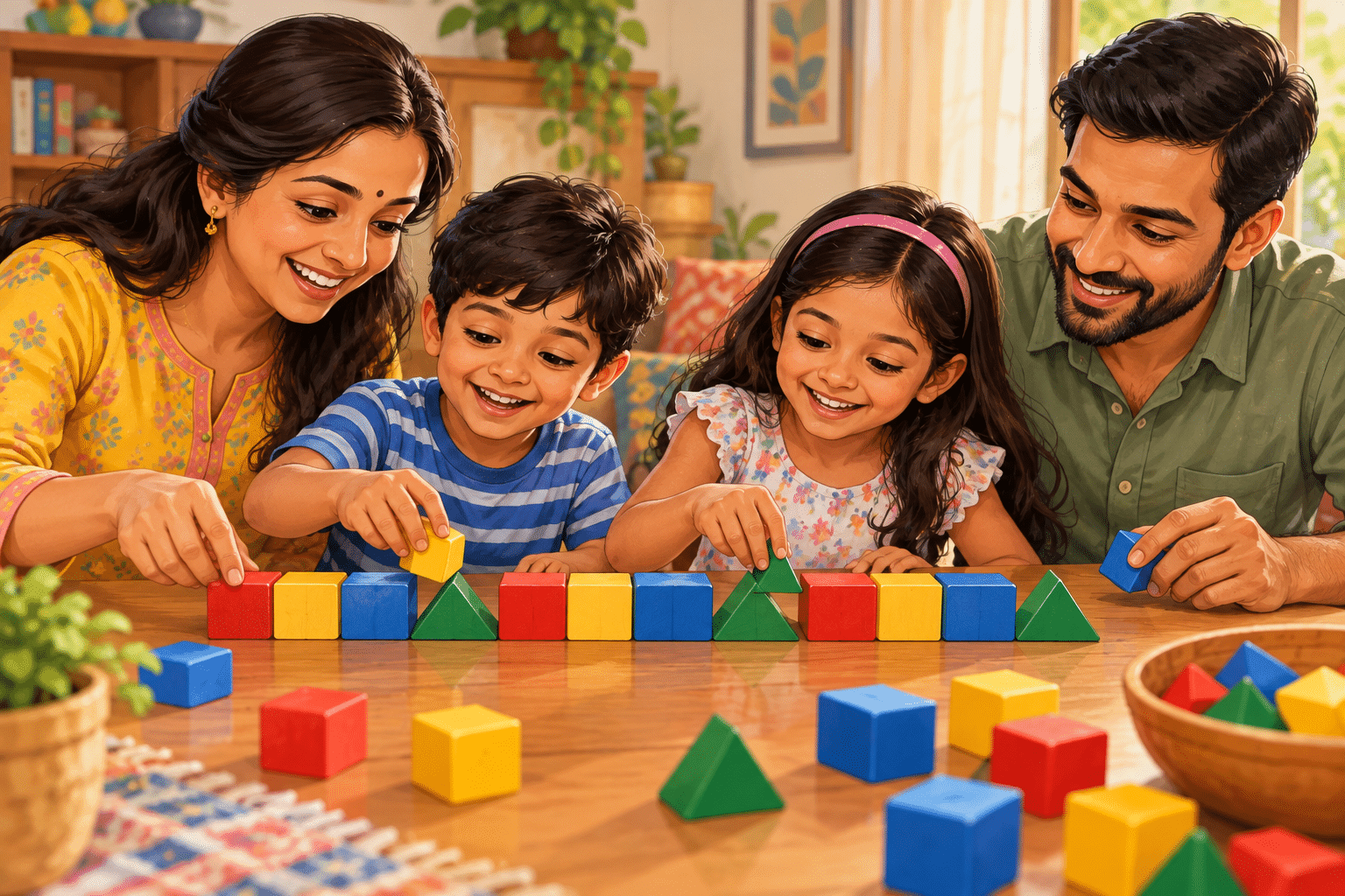 Why Colours Are Important for Kids’ Learning: 10 Amazing Benefits and Fun Activities at Home Mother father and two children creating repeating patterns with colourful wooden blocks