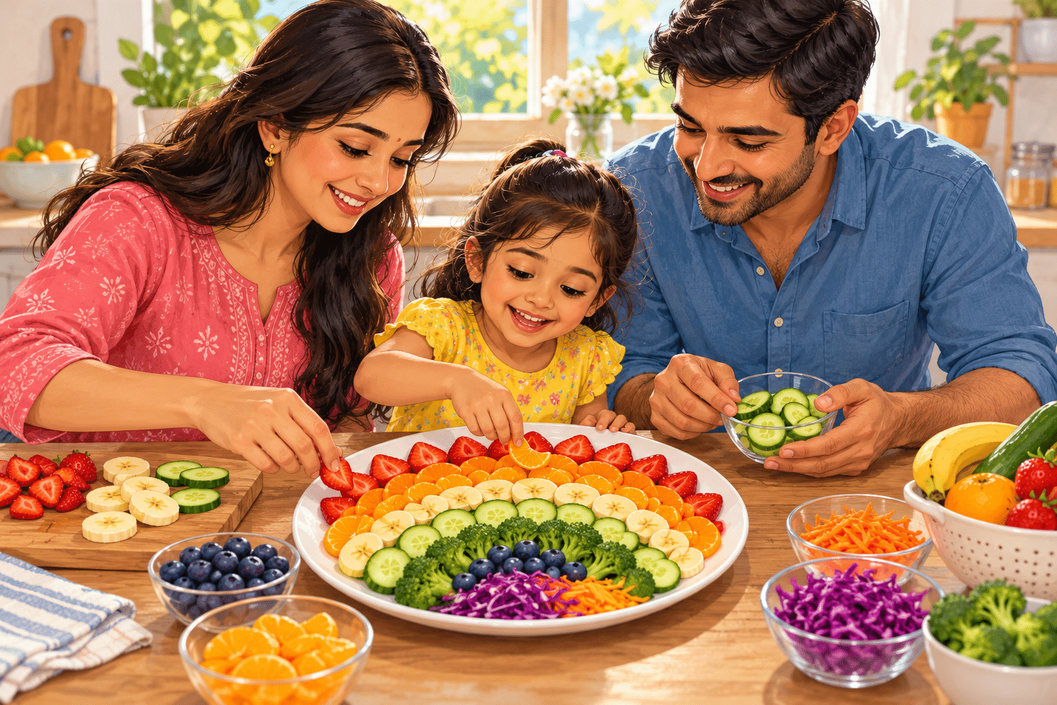 Why Colours Are Important for Kids’ Learning: 10 Amazing Benefits and Fun Activities at Home Mother and father helping their daughter arrange colourful fruit and vegetables into a rainbow snack plate