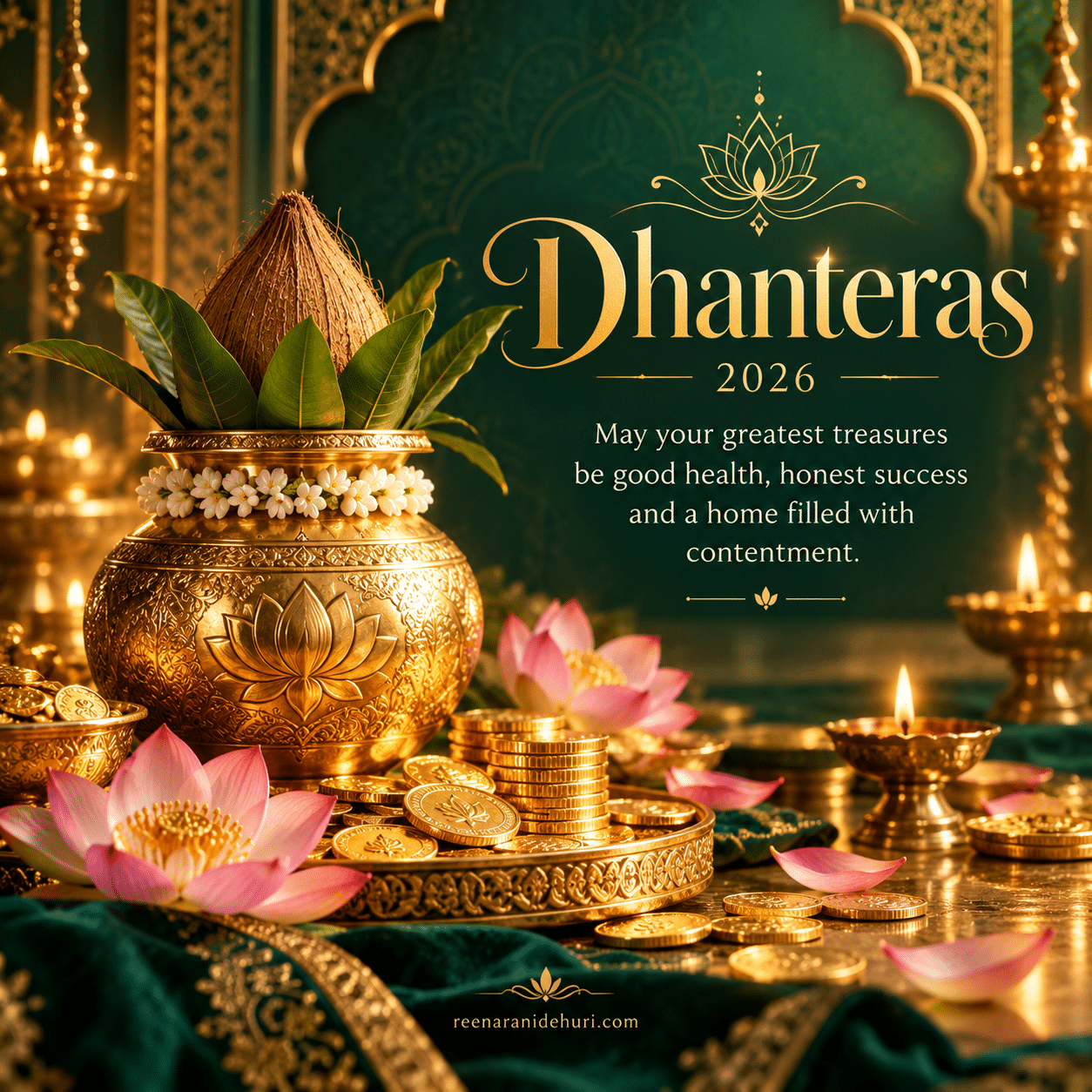 Festive Cards Dhanteras 2026 greeting card — May your greatest treasures be good health, honest success and a home filled with contentment.