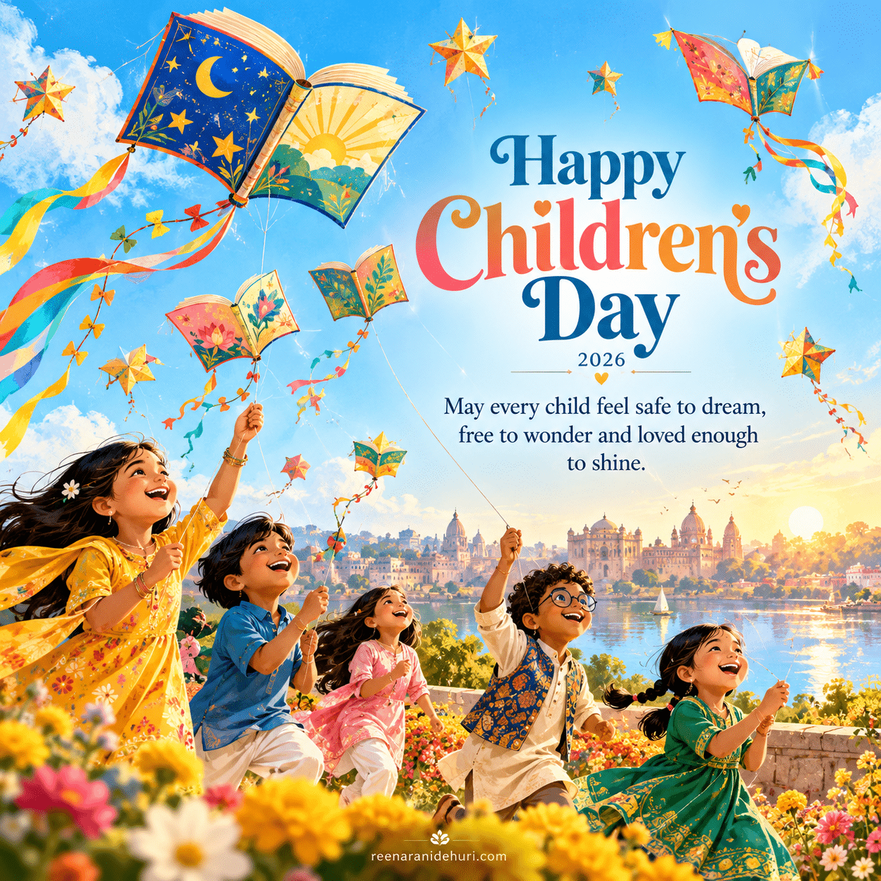 Festive Cards Happy Children's Day 2026 greeting card — May every child feel safe to dream, free to wonder and loved enough to shine.