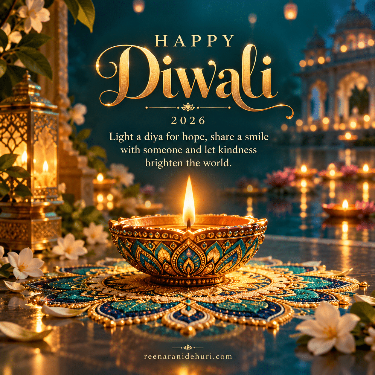 Festive Cards Happy Diwali 2026 greeting card — Light a diya for hope, share a smile with someone and let kindness brighten the world.