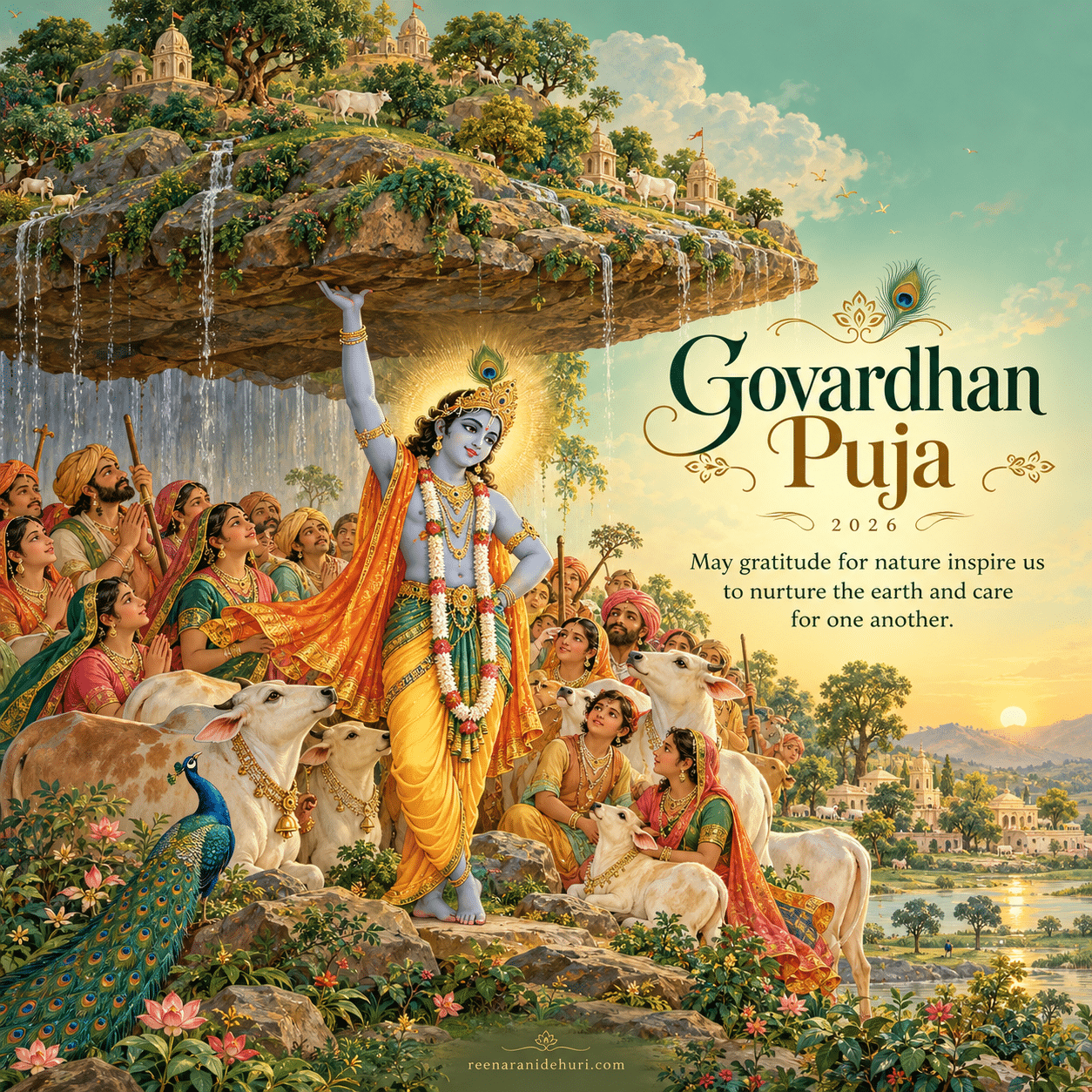 Festive Cards Govardhan Puja 2026 greeting card — May gratitude for nature inspire us to nurture the earth and care for one another.