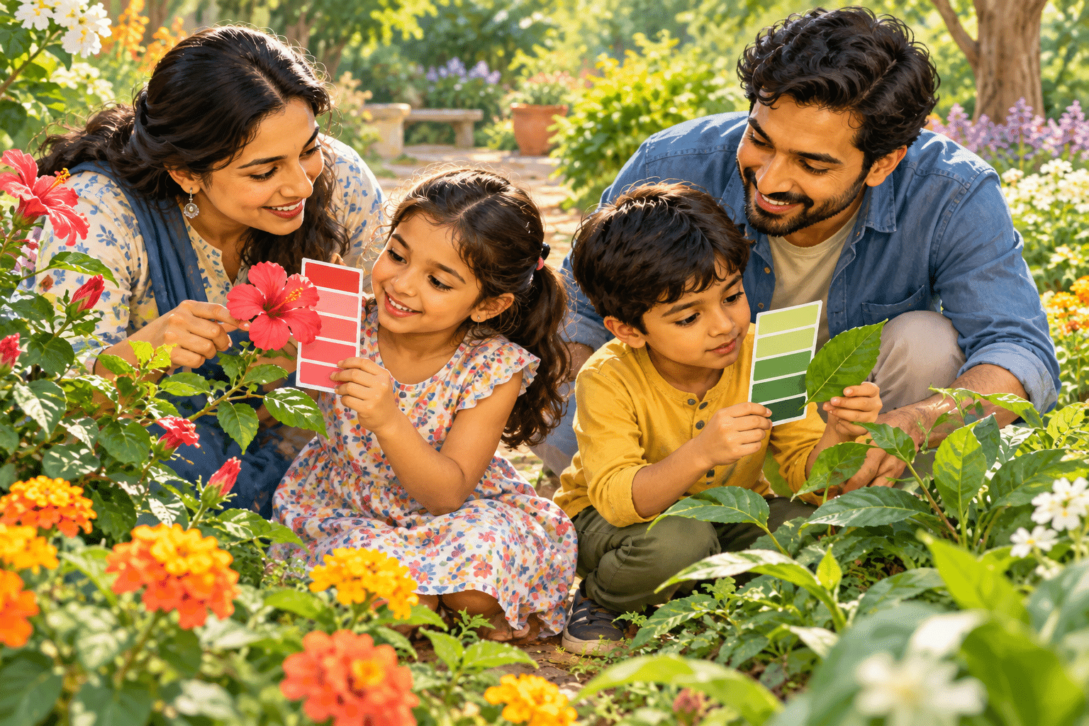 Why Colours Are Important for Kids’ Learning: 10 Amazing Benefits and Fun Activities at Home Parents and children matching colour cards to flowers and green leaves in a garden