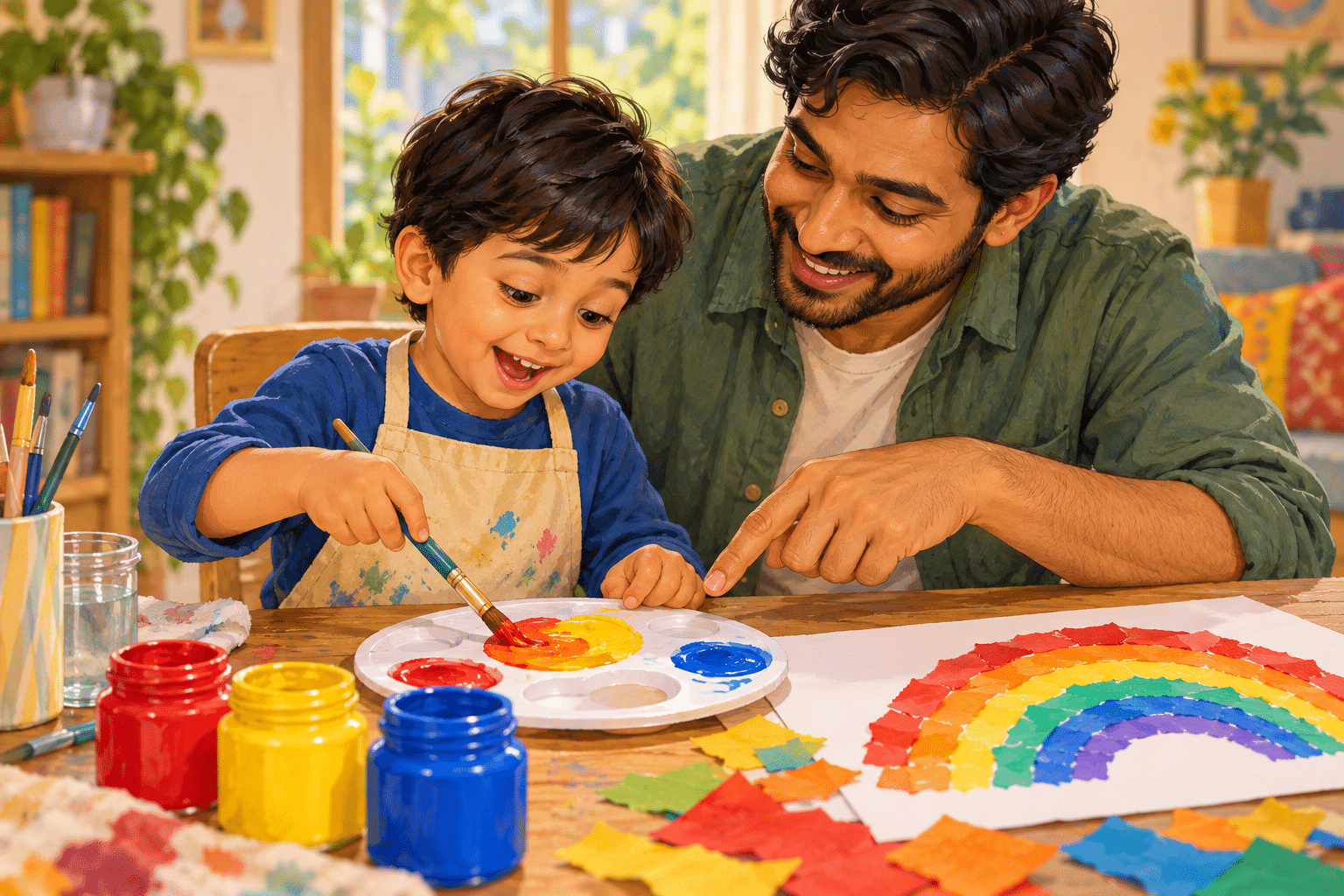 Why Colours Are Important for Kids’ Learning: 10 Amazing Benefits and Fun Activities at Home Father helping his son mix washable paints beside a handmade rainbow collage