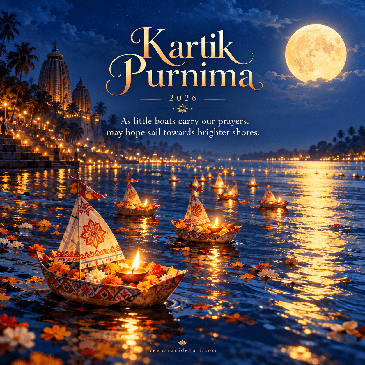 Festive Cards Kartik Purnima 2026 greeting card — As little boats carry our prayers, may hope sail towards brighter shores.