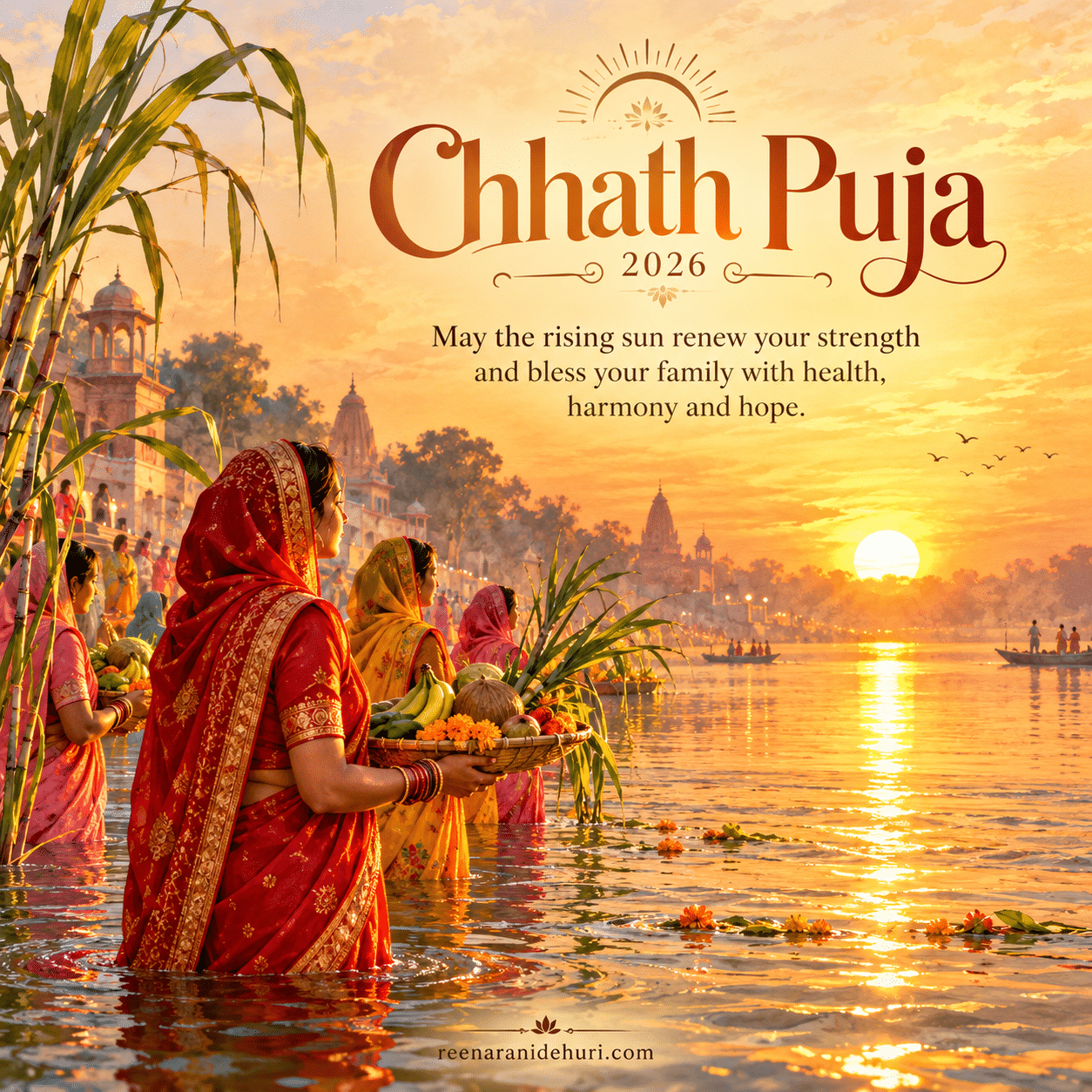 Festive Cards Chhath Puja 2026 greeting card — May the rising sun renew your strength and bless your family with health, harmony and hope.