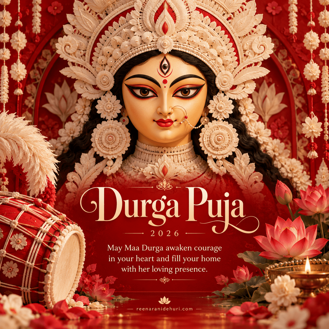Festive Cards Durga Puja 2026 greeting card — May Maa Durga awaken courage in your heart and fill your home with her loving presence.