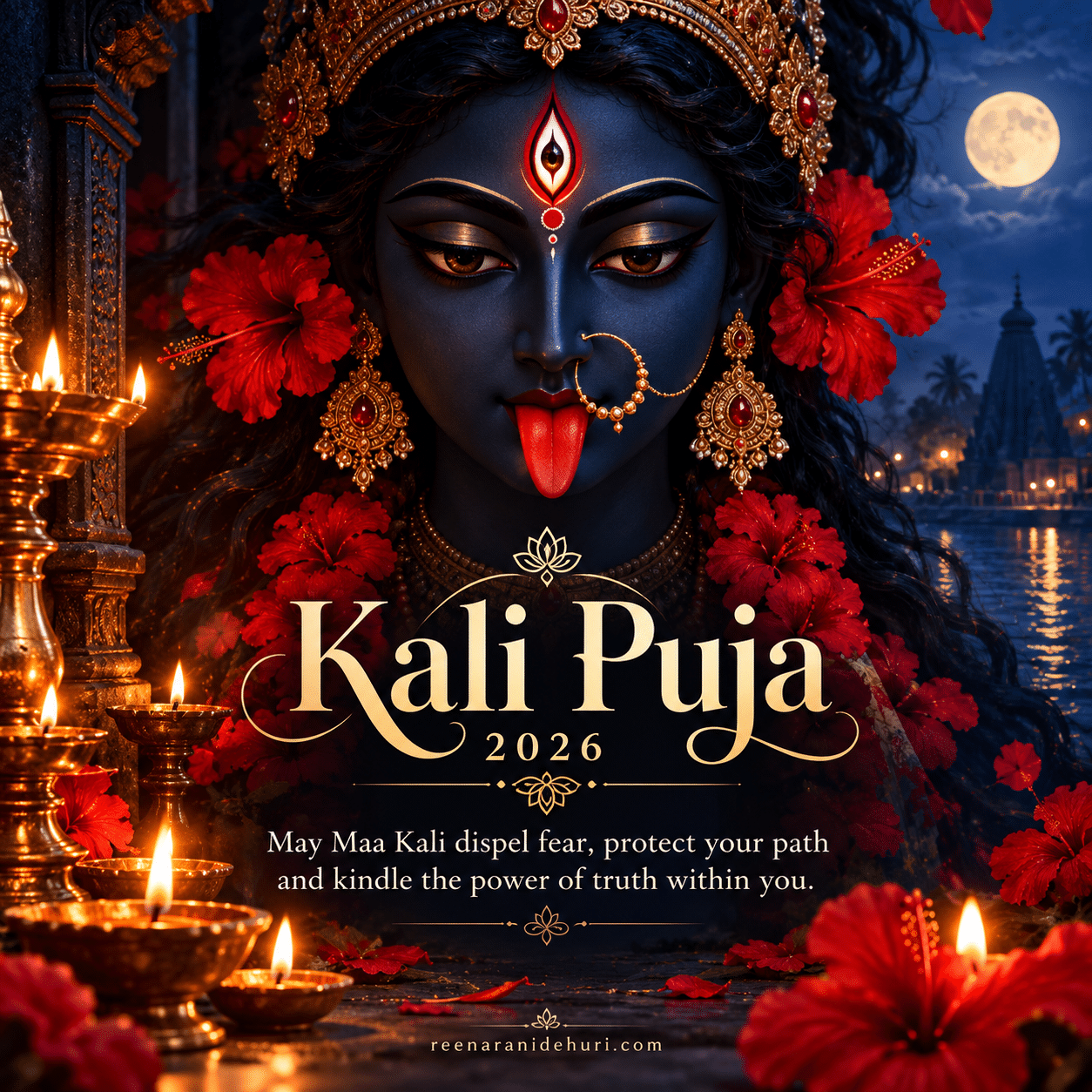 Festive Cards Kali Puja 2026 greeting card — May Maa Kali dispel fear, protect your path and kindle the power of truth within you.