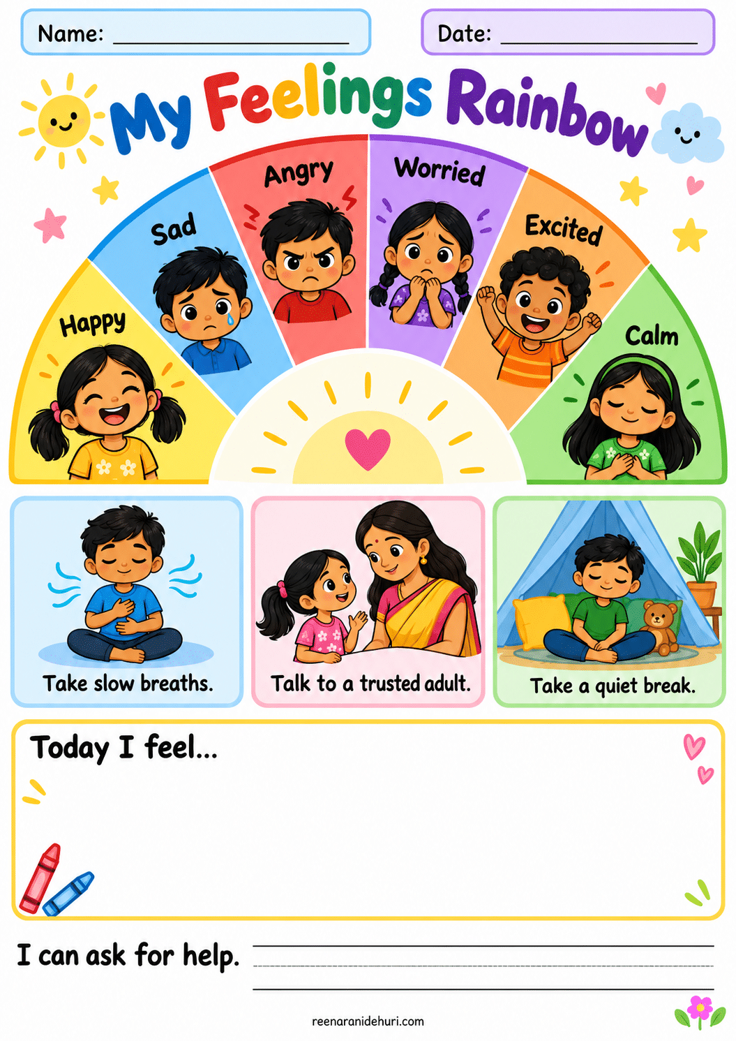 Printables My Feelings Rainbow colourful A4 life skills printable for children
