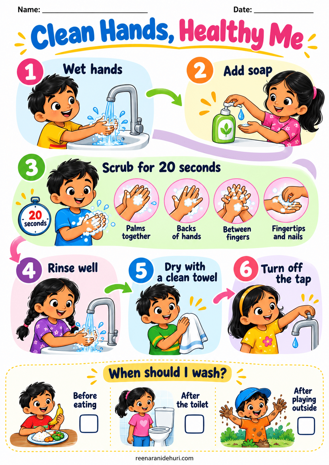 Printables Clean Hands, Healthy Me colourful A4 life skills printable for children