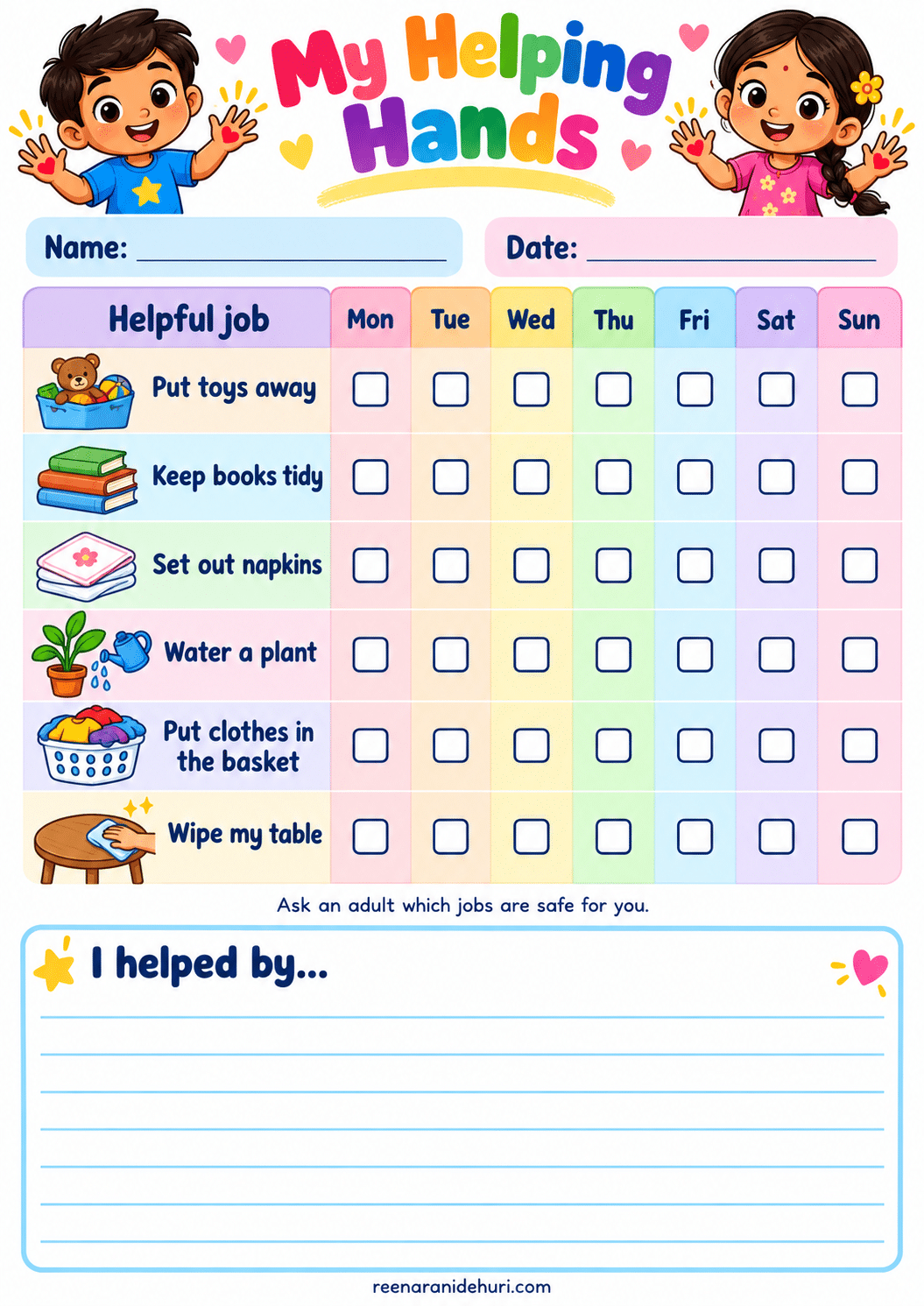 Printables My Helping Hands colourful A4 life skills printable for children