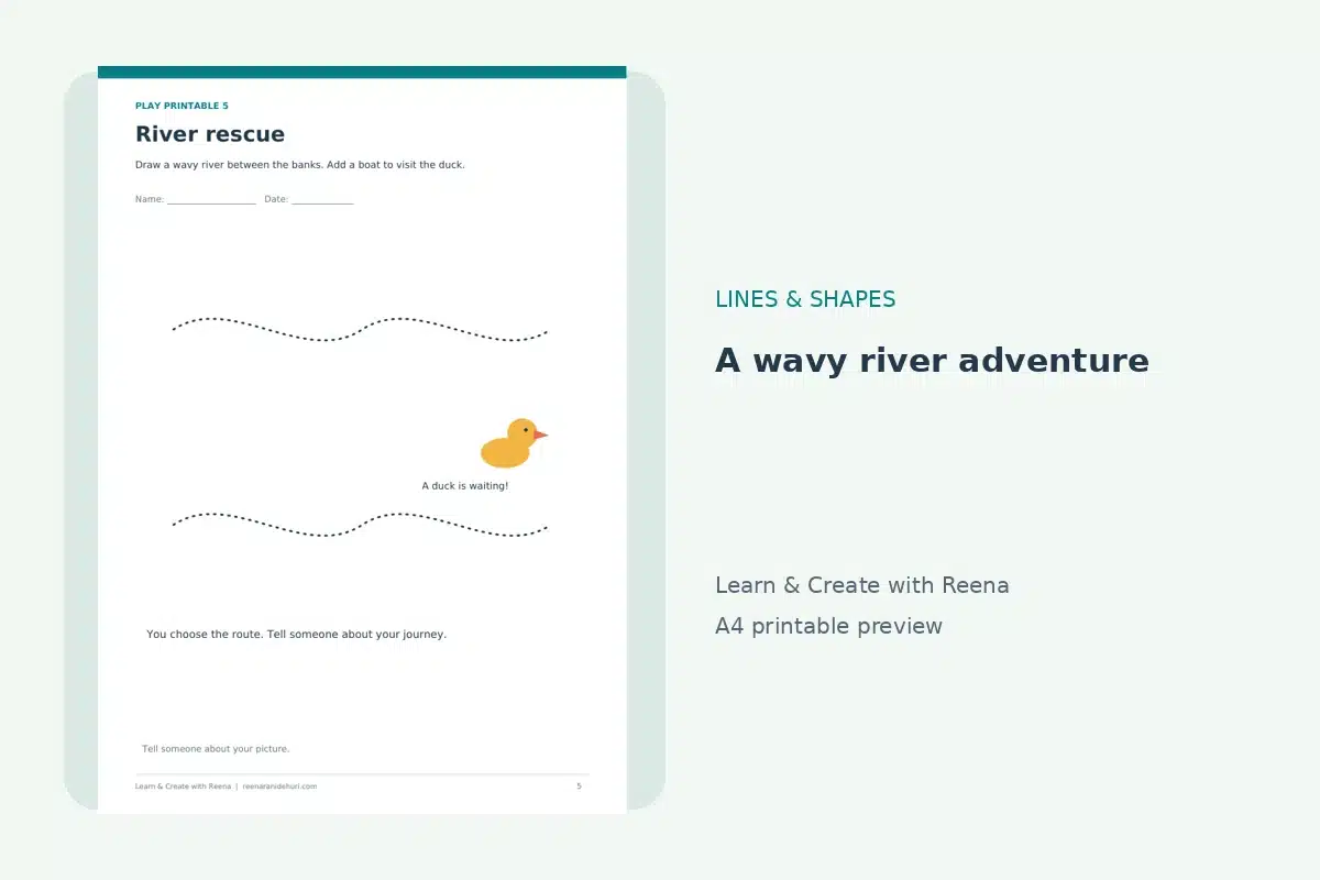Meet the Line and Shape Friends: Little Marks, Big Adventures! Make a wavy river and add a boat to visit the duck.