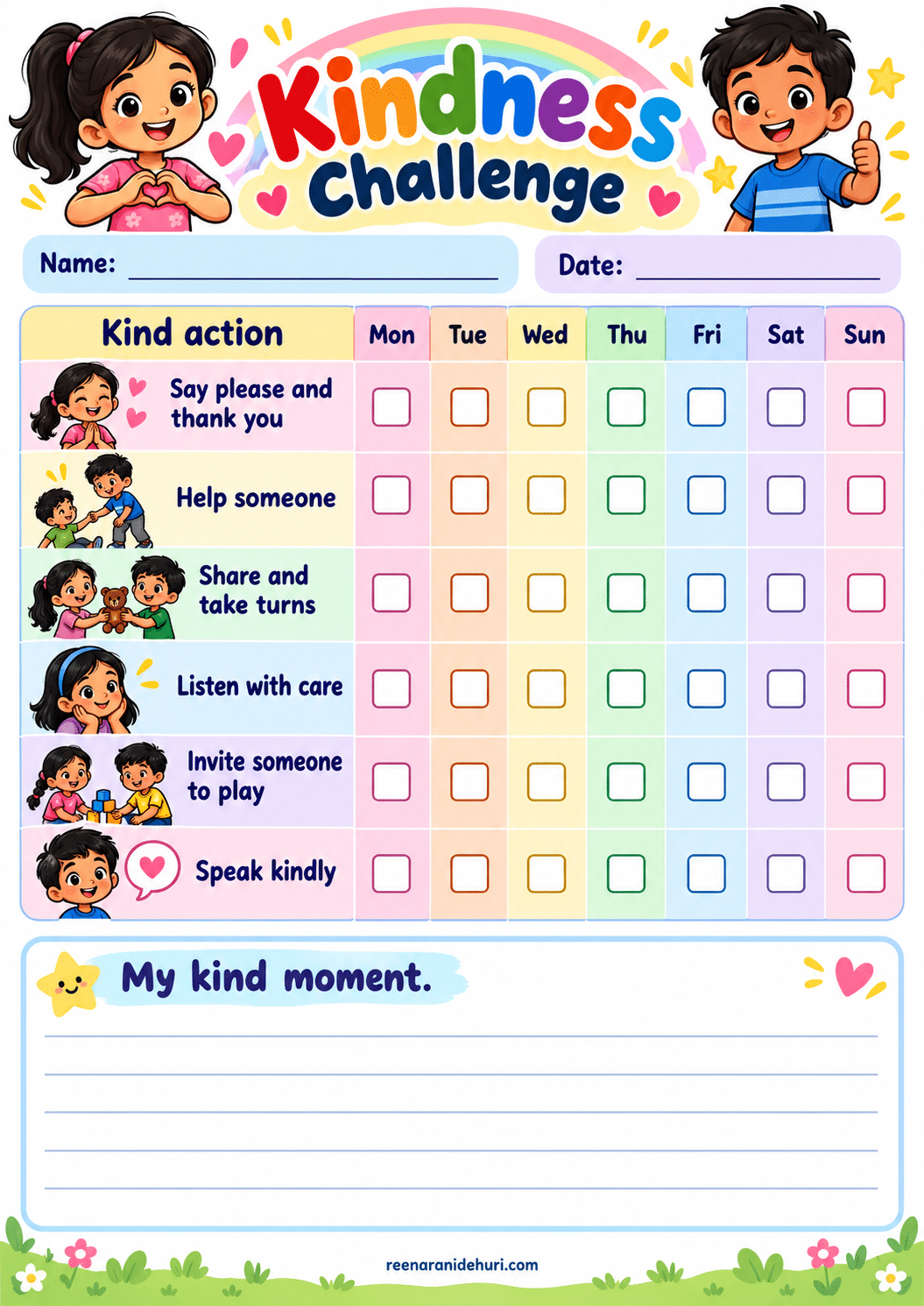 Printables Kindness Challenge colourful A4 life skills printable for children