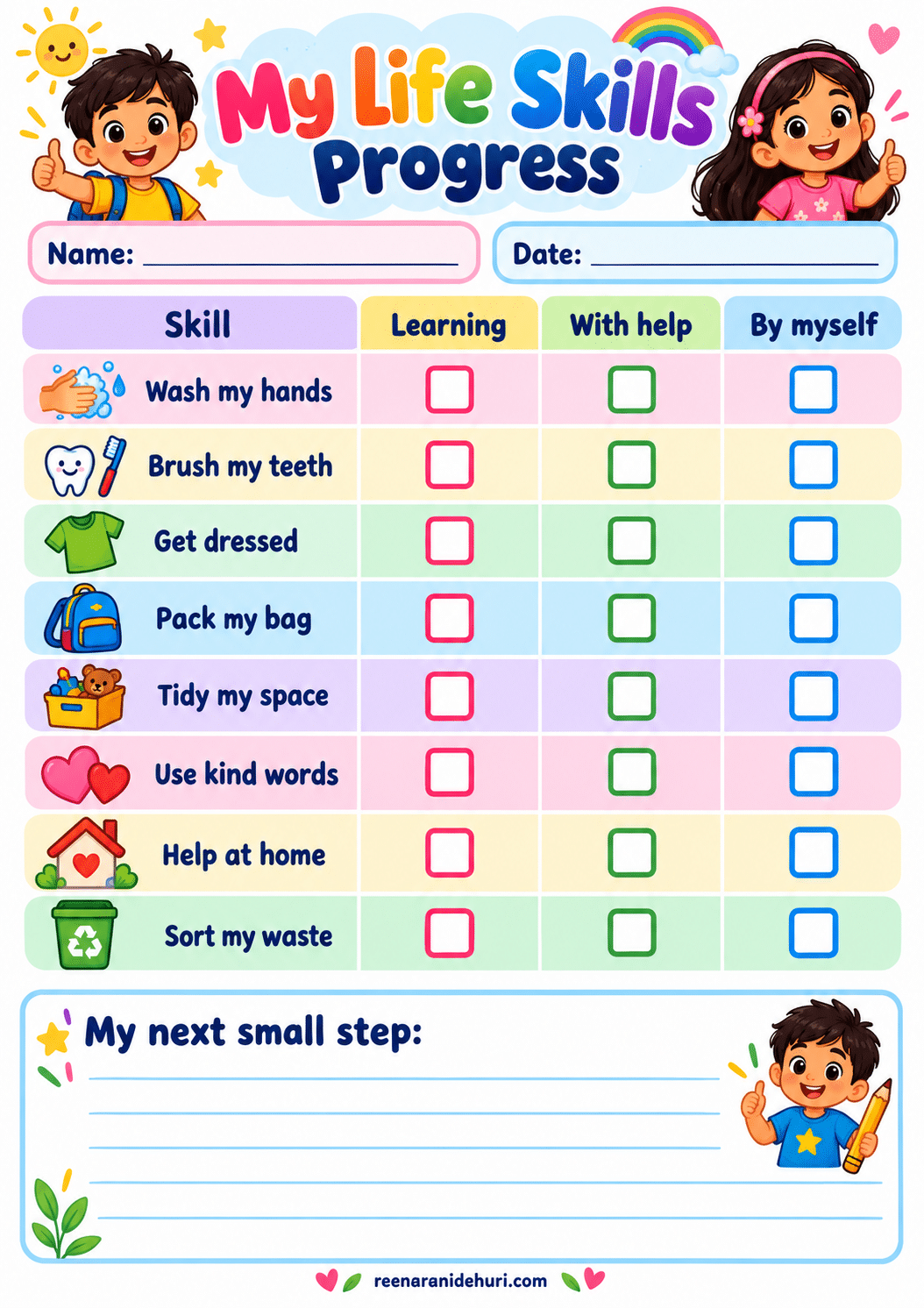 Printables My Life Skills Progress colourful A4 life skills printable for children