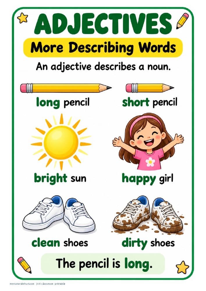 Printables Adjectives: Long, Short & Clean A4 printable preview