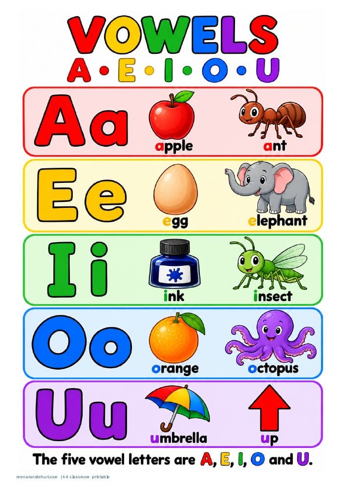Printables Vowels: Two Examples per Letter A4 printable preview