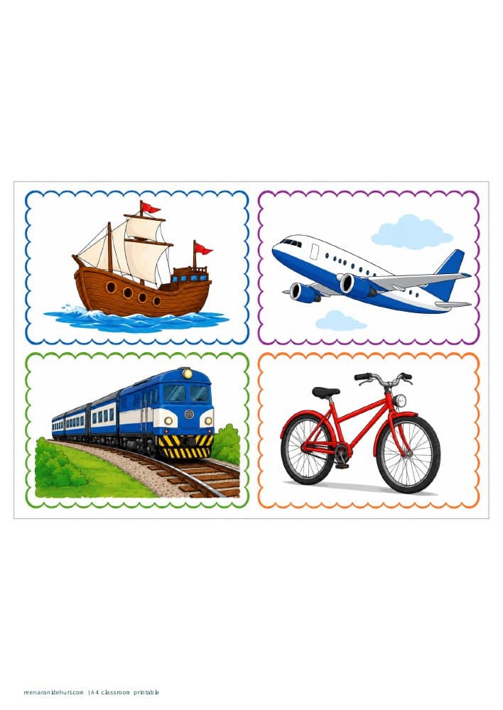 Printables Transport Flashcards: Illustrated A4 printable preview