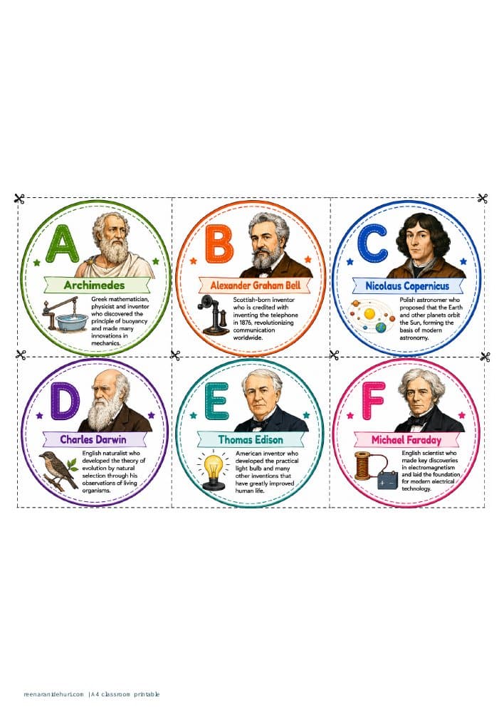Printables Scientists & Inventors: Illustrated Cards A4 printable preview