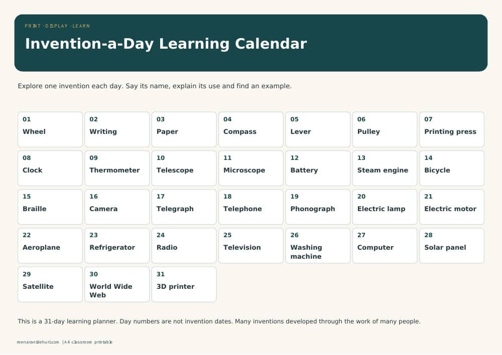 Printables Invention-a-Day Learning Calendar A4 printable preview